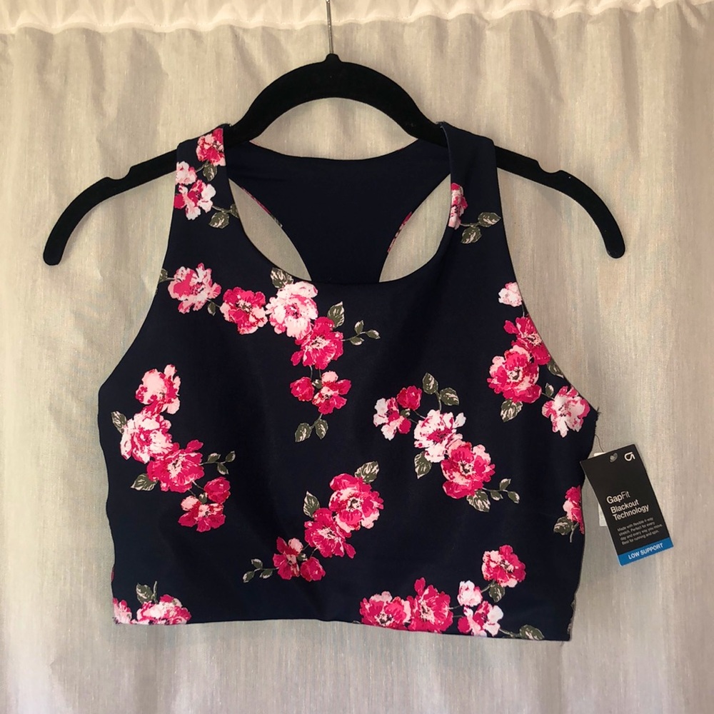 GAPFIT Sports Bra Size Medium in Nave Blue with Pink/Blue Flowers NWT